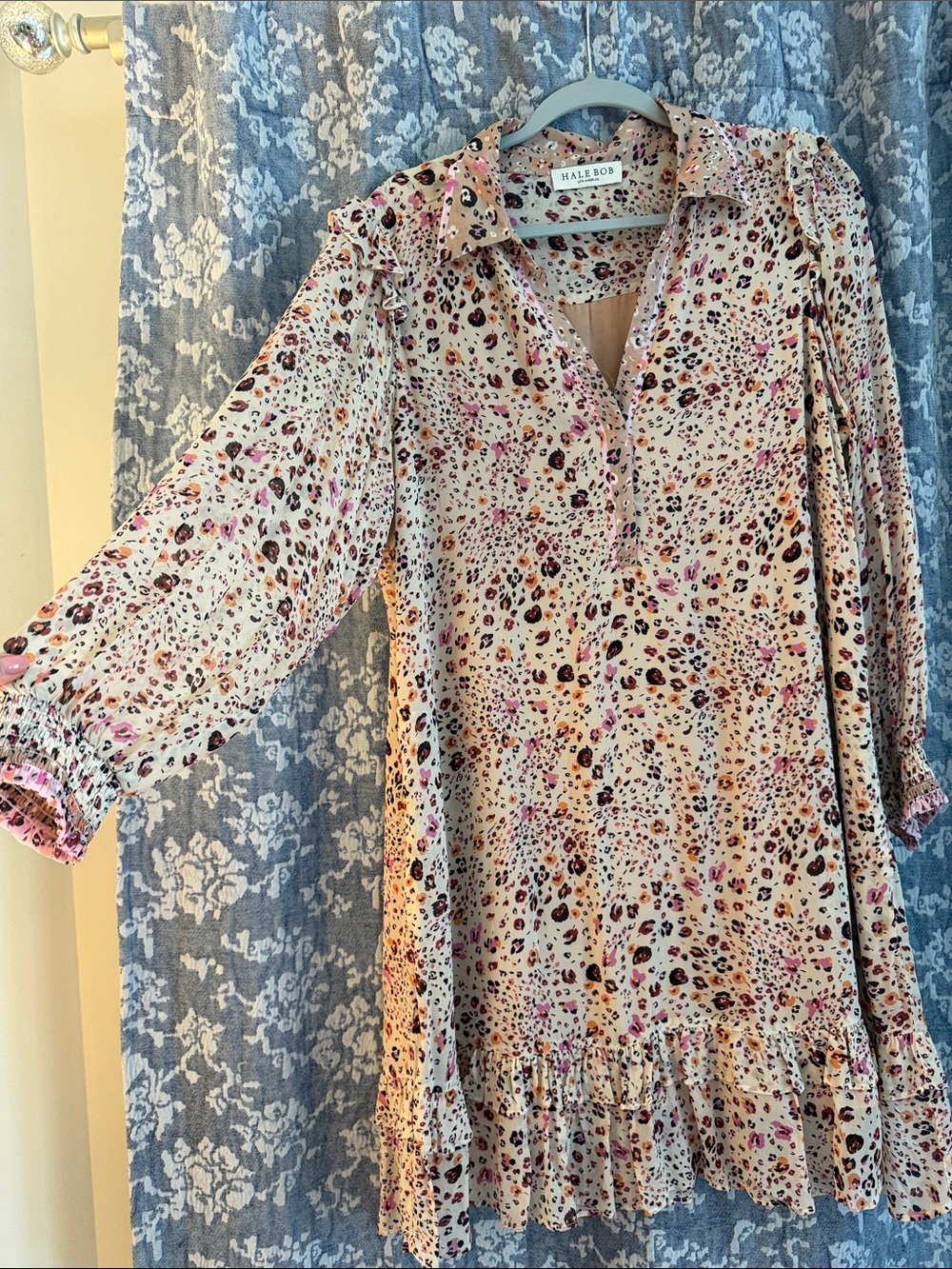 Hale Bob Cream Floral Leopard Print Long Sleeve Ruffle Hem Dress - Picture 3 of 4